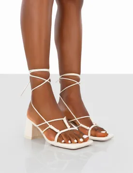 Fanatic Ecru PU Square Toe Lace Up Block Mid Heeled Sandals